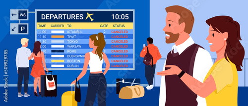 Worried and disappointed passengers wait, delayed airline flight, aircraft problems, waiting lounge room terminal vector illustration. Canceled flights