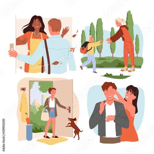Set of different scenes of family homecoming. Couple greeting each other, waiting domestic pet, children returning from school, coming back home surprise vector illustration