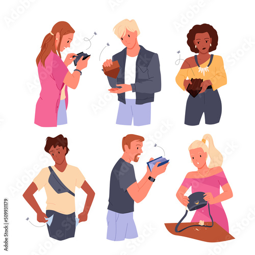 Set of different sad people with no money. Personal financial problems, finance bankruptcy, empty wallet and pockets, no savings, lack of dollars, salary retention vector illustration