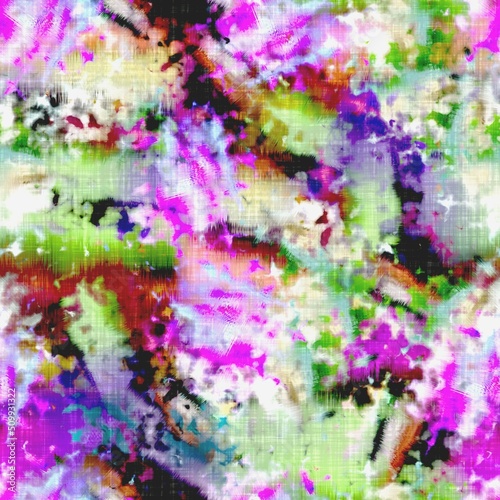 Fototapeta Naklejka Na Ścianę i Meble -  Messy summer tie dye batik beach wear pattern. Seamless colorful stain space dyed effect fashion. Washed out soft furnishing background.