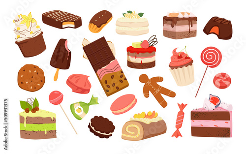 Set of different delicious pastry sweets. Confectionery products, cakes and cookies, ice cream and chocolate bar, piece of creamy cake, yummy desserts vector illustration