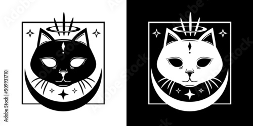 Black and white demon face cat with crescent moon and stars boho tattoo icon vector design.