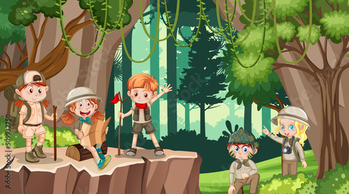 Children hiking in the forest