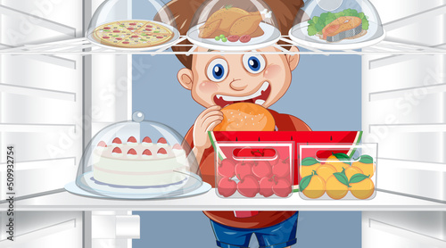 Hungry boy looking foods in fridge