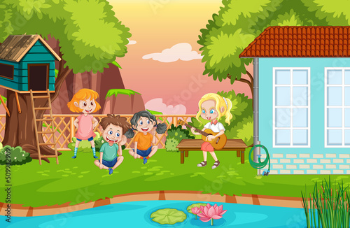 Backyard background with cartoon kids