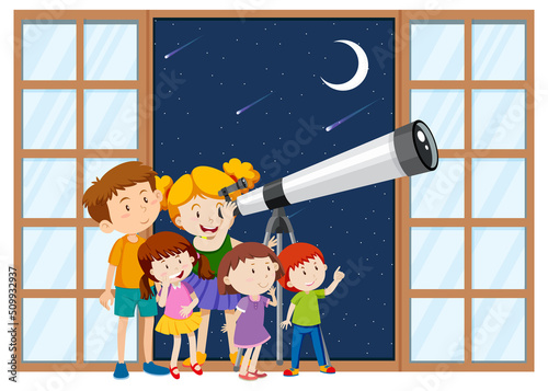 Kids observe night sky with telescope