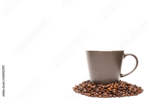 Coffee Beans in a Brown Cup on White Background with Copyspace.