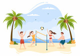 Beach Volleyball Player on the Attack for Sport Competition Series Outdoor in Flat Cartoon Illustration