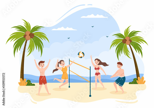 Beach Volleyball Player on the Attack for Sport Competition Series Outdoor in Flat Cartoon Illustration © denayune
