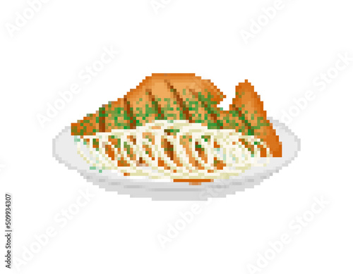 Fried fish pixel art. 8 bit fried perch Vector illustration