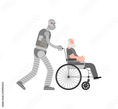 Robot nurse for pensioners. Cyborg helper helps a disabled person on a wheelchair