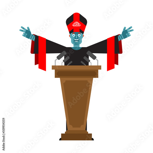 Robot pastor. Cyborg preacher. Robot reads sermons for parishioners. Concept missionary of future