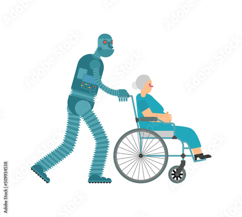 Robot nurse for pensioners. Cyborg helper helps a disabled person on a wheelchair