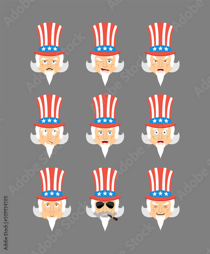 Uncle Sam set emoji avatar. sad and angry face. guilty and sleeping. Man sleeping emotion face.