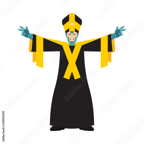 Robot pastor. Cyborg preacher. Robot reads sermons for parishioners. Concept missionary of future