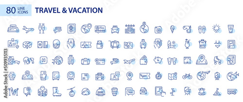 Big set of travel and vacation related icons. Plane trip, beach holiday, camping and others. Pixel perfect, editable stroke line