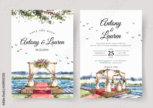 Watercolor wedding invitation of wedding gate with outdoor pool view