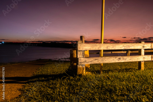 view of sunset in the Jurumirim lake dam water reservoir in Avare, state of Sao Paulo photo