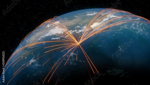 Earth in Space. Orange Lines connect Taipei, Taiwan with Cities across the World. Worldwide Travel or Business Concept.