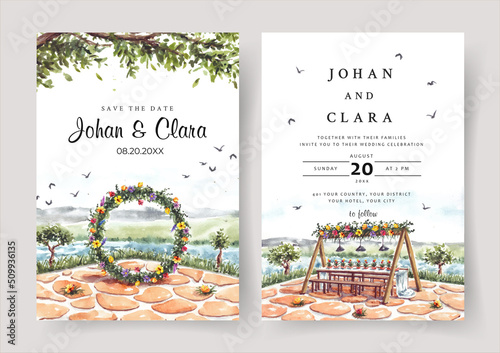 Watercolor wedding invitation of nature landscape with circle wedding arch view