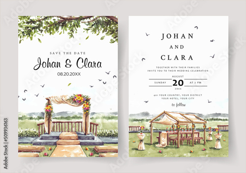 Watercolor wedding invitation of nature landscape with gold wedding gate view