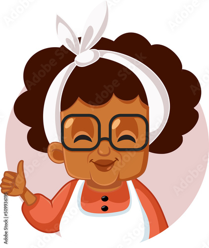 
Happy Grandma Making Appreciation Gesture Vector Illustration. Optimistic cheerful of black ethnicity granny holding thumbs up for approval

