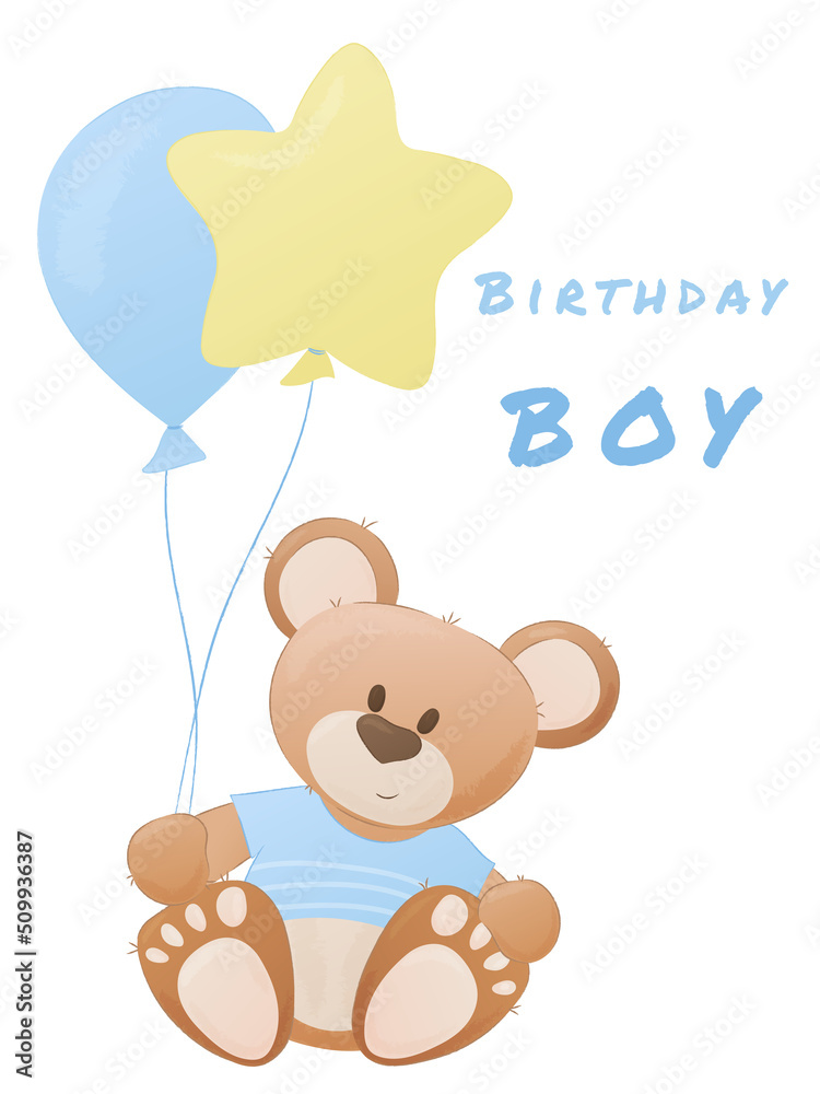 Baby girl greeting card. Teddy bear. Helium balloons. White background. Vector illustration Baby girl greeting card. Teddy bear. Helium balloons. White background. Vector illustration