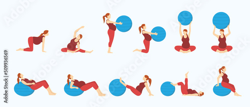 pregnancy pregnant training workout exercise with various position and pose set collection with modern flat style
