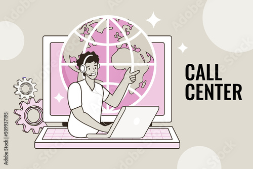 An operator provides international support from a digital call center. This modern line art illustration shows a man with a headset ready to assist customers from around the world.