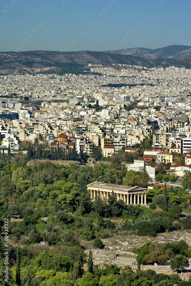 Overhead view of Athens, Greece, with a park and an ancient temple in the center