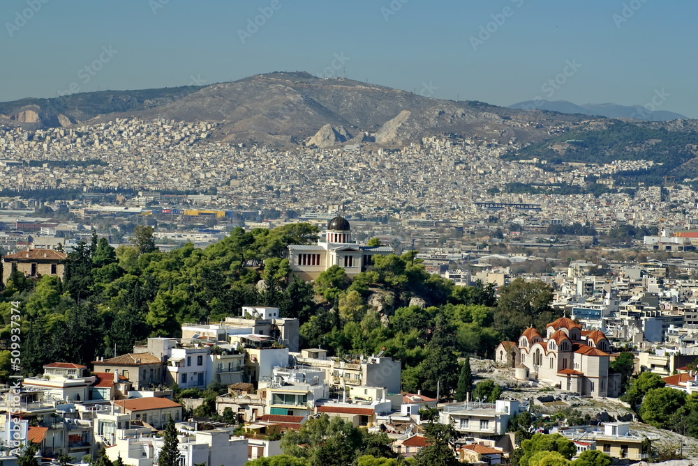 Overhead view of Athens, Greece, with the National Observatory of Athens in the center