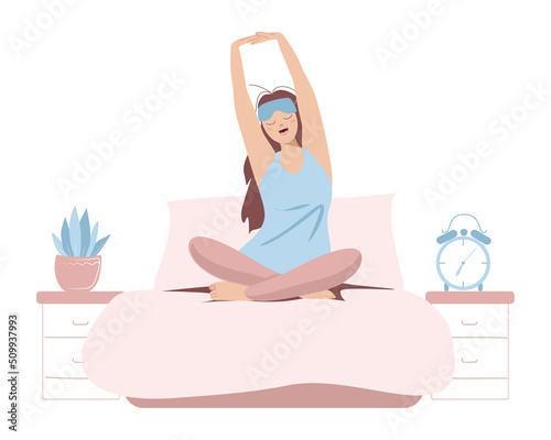 Young girl on the bed in the morning, stretching. Morning routine. Vector illustration in hand-drawn style on a white background