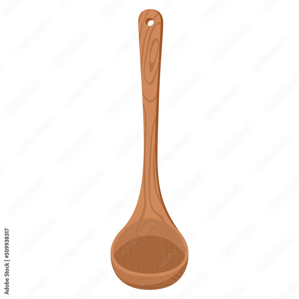 Cartoon nature wooden kitchenware utensil soup ladle with wood grain texture