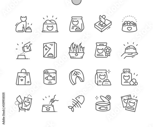 Cat food. Canned fish, clean water. Product for kitten. Pet bowl. Pixel Perfect Vector Thin Line Icons. Simple Minimal Pictogram