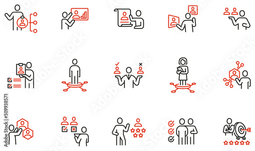 Vector Set of Linear Icons Related to Competence, Recruitment, Staff Selection, Human Resource Management. Mono Line Pictograms and Infographics Design Elements photo