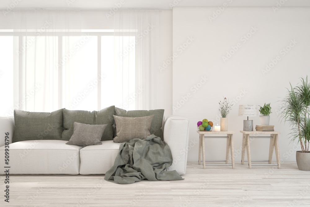 Fototapeta premium White living room with sofa. Scandinavian interior design. 3D illustration