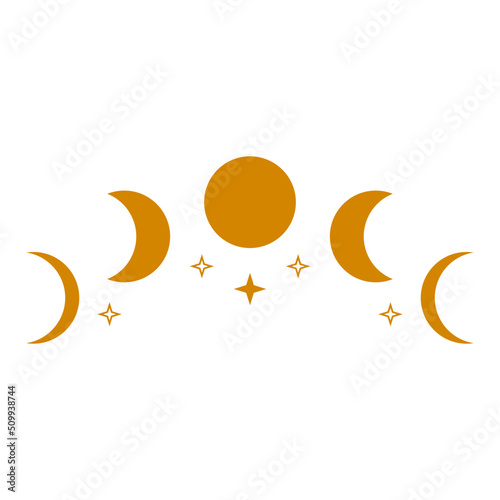 Moon different phases of lunar phases with stars on white background boho flat vector icon design.