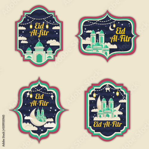Set of emblems for the Islamic holy holiday Eid al-Fitr. Eid mubarak typography se Badge, Arabic tradition on pink background with different mosque characters.