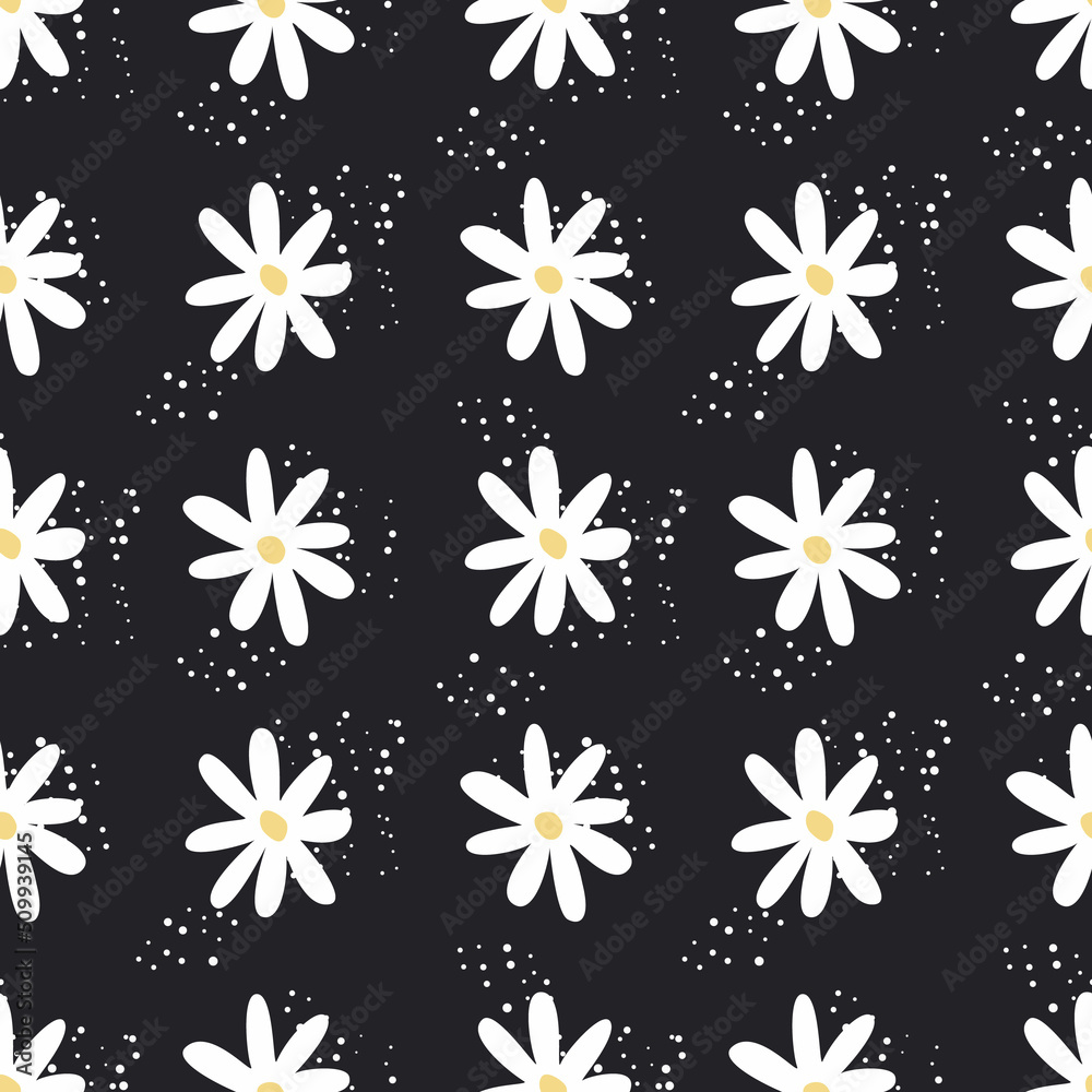 Floral background with daisies. Seamless pattern with white flowers on a black background. Vector illustration Floral background with daisies. Seamless pattern with white flowers on a black background. Vector illustration