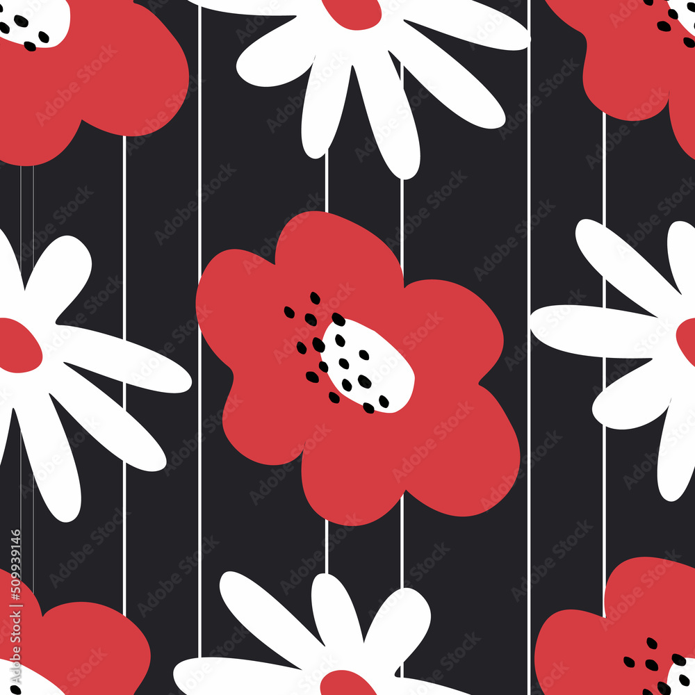 Obraz premium Seamless pattern with big white and red flowers on a striped background. Abstract floral background. Vector illustration
