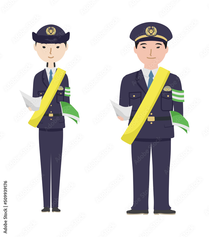 交通安全のたすきをかけてチラシを配っている警察官たち(文字なし)
交通安全のたすきをかけてチラシを配っている警察官たち(文字なし)