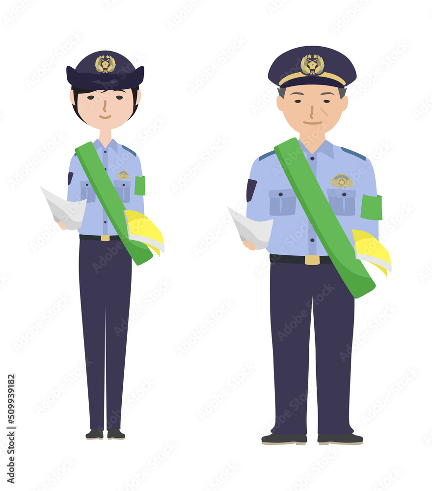 防犯パトロールのたすきをかけてチラシを配っている夏服の警察官たち（文字なし）
