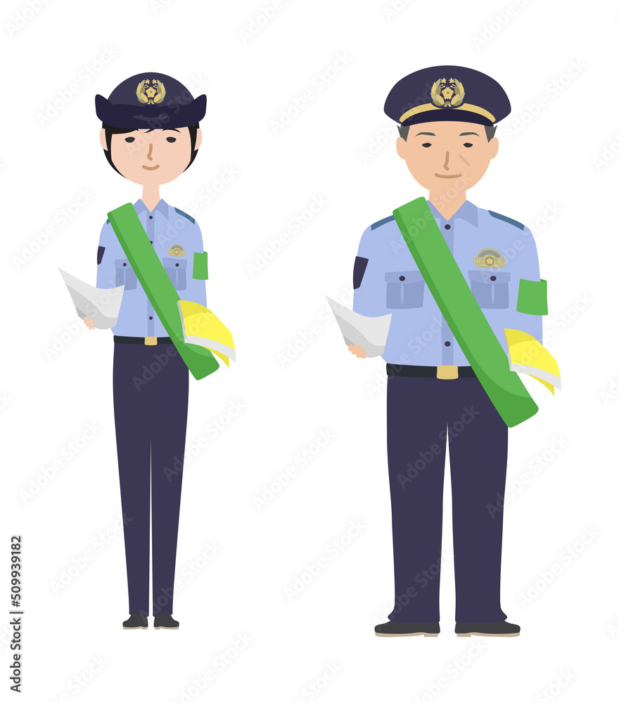防犯パトロールのたすきをかけてチラシを配っている夏服の警察官たち(文字なし)
防犯パトロールのたすきをかけてチラシを配っている夏服の警察官たち(文字なし)