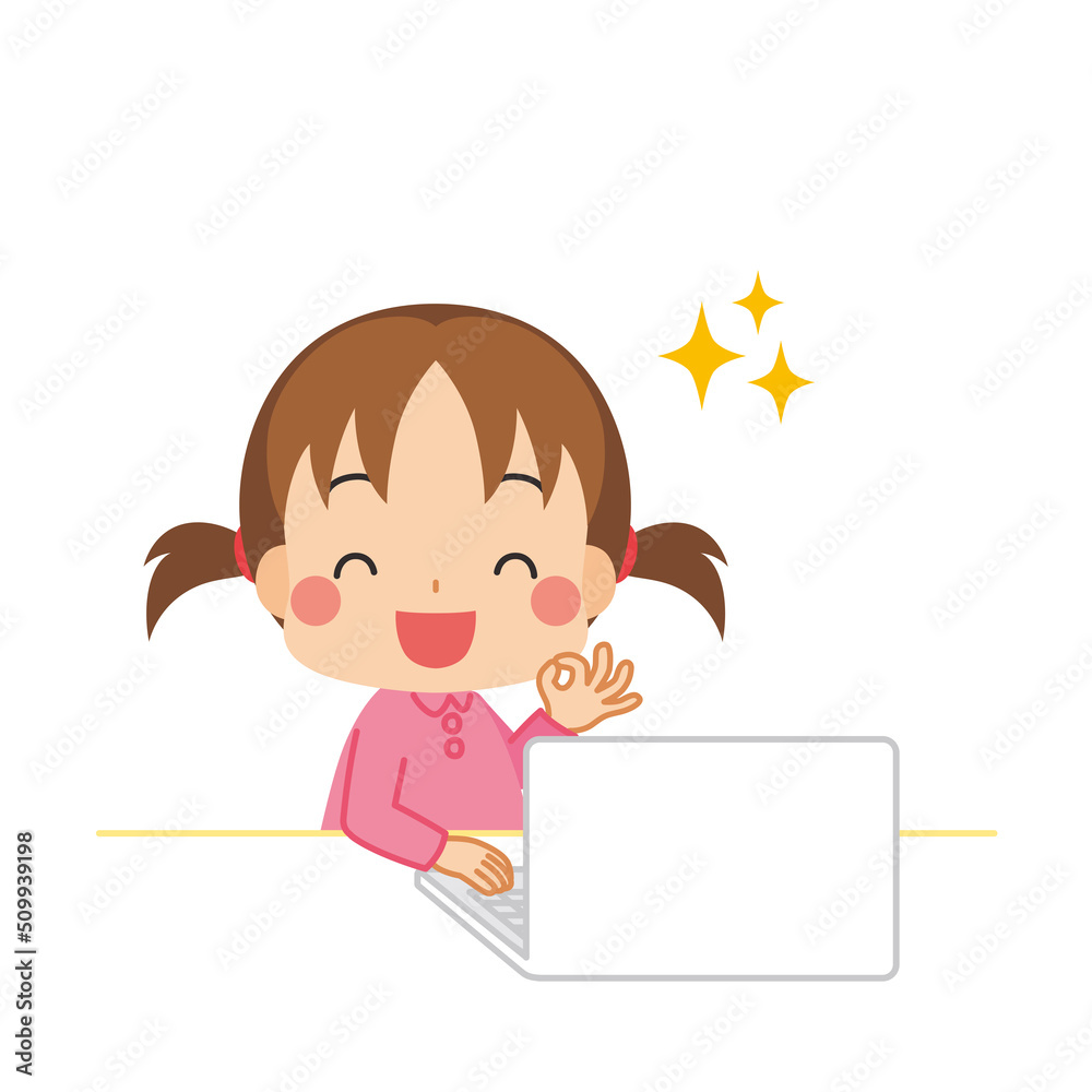 ノートパソコンの問題を解決する可愛い女の子のイラスト　白背景　ベクター　クリップアート