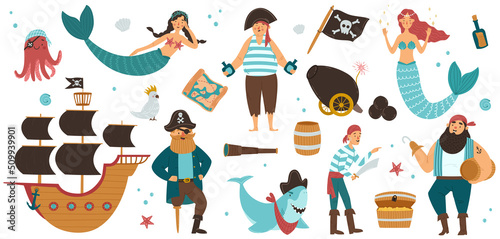 Collection of adorable pirates, sail ship, mermaids and underwater creatures isolated. Childish vector illustration in flat cartoon style