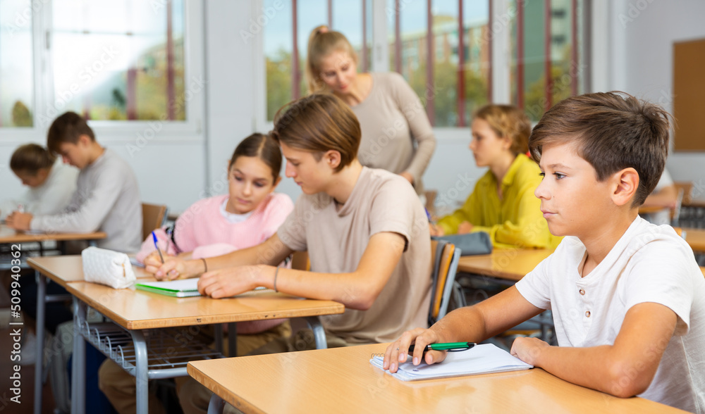 Fototapeta premium Teenagers sitting at desks in classroom during lesson and doing tasks.