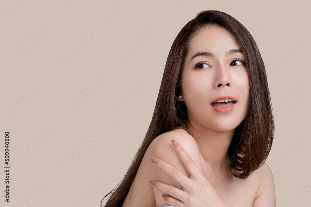 Beautiful Asian woman with fresh and clean skin on white background. and side view, beauty and spa, Asian woman portrait Beautiful Asian woman with fresh and clean skin on white background. and side view, beauty and spa, Asian woman portrait