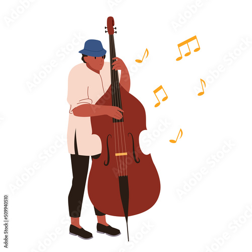 Man with cello instrument vector illustration. Cartoon male contrabass player in hat, street musician of jazz band holding bass viol to play acoustic musical melody on live concert isolated on white