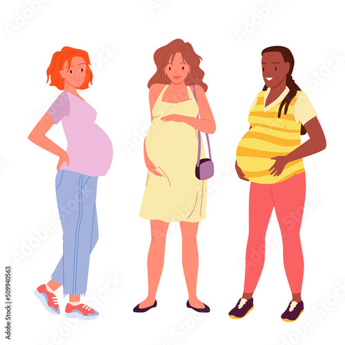 Pregnant women set vector illustration. Cartoon future mothers wearing casual clothes, young woman holding belly with hands, female characters standing together and smiling isolated on white