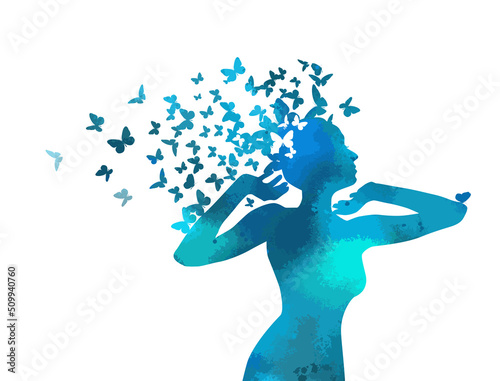 Blue silhouette of a girl with butterflies in her hair. Vector illustration. Woman profile stencil drawing. Beautiful lady vector decor.